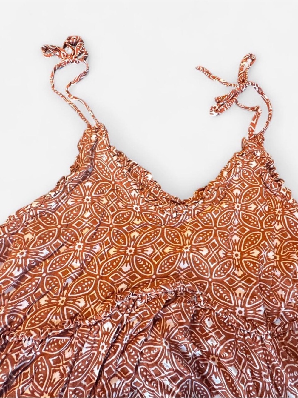 Patrons of Peace Rust Boho Floral Ruffle Mini Dress Tie Straps- Size Small - Picture 4 of 6